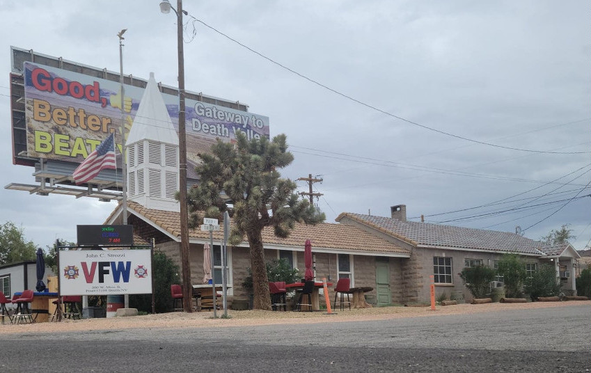 The Beatty VFW Post building, a converted 1905 church, with the Post sign out front